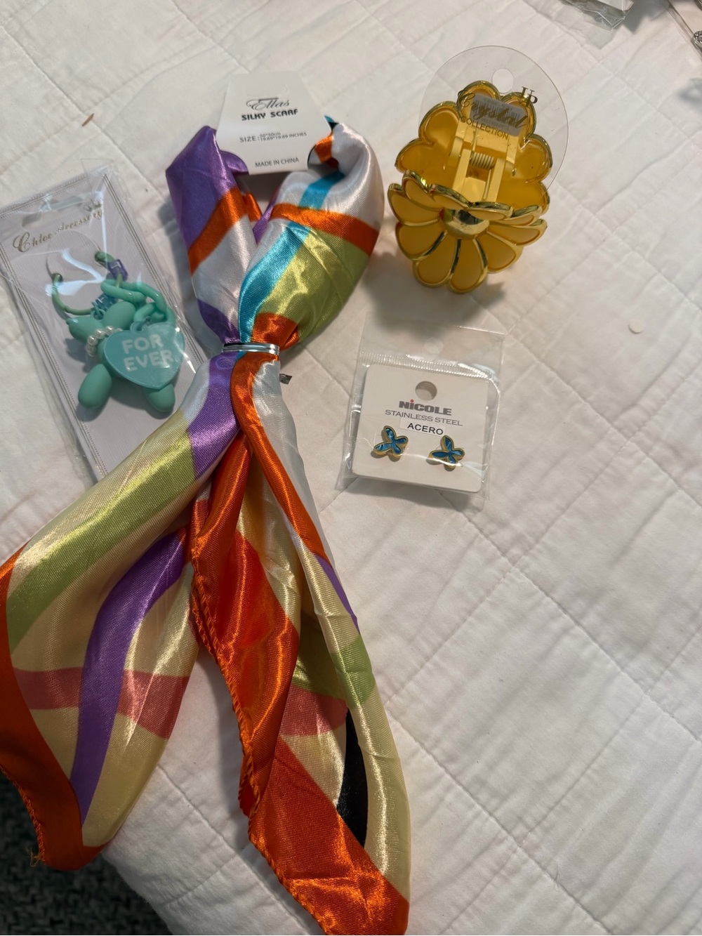 Colorful Accessory Bundle – Silky Scarf, Flower Claw Clip, Earrings & Bag Charm